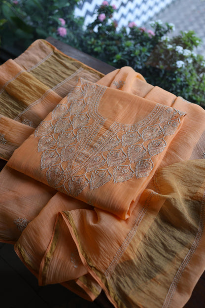 Dark Peach Mal Chanderi Chikankari Unstitched Kurta & Dupatta Set