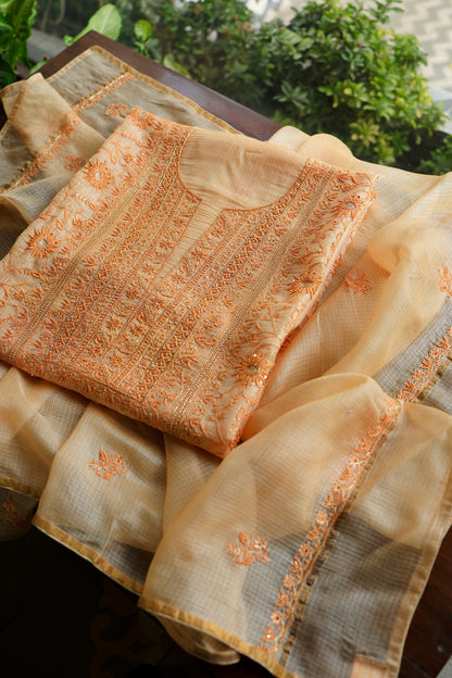 Dark Peach Rasm Kota Tussar Chikankari Unstitched Chikankari Fabric