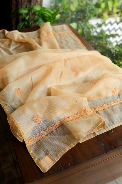 Dark Peach Rasm Kota Tussar Chikankari Unstitched Chikankari Fabric