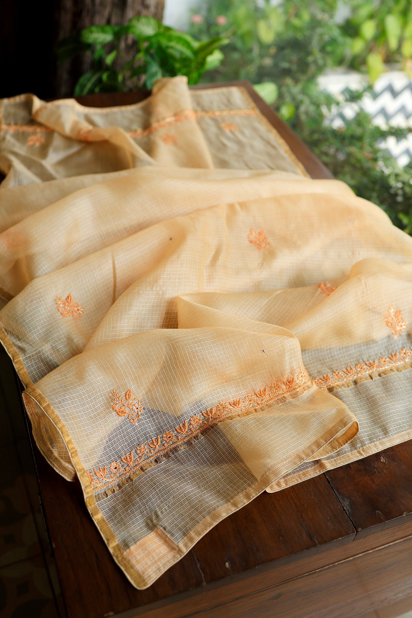 Dark Peach Rasm Kota Tussar Chikankari Unstitched Chikankari Fabric