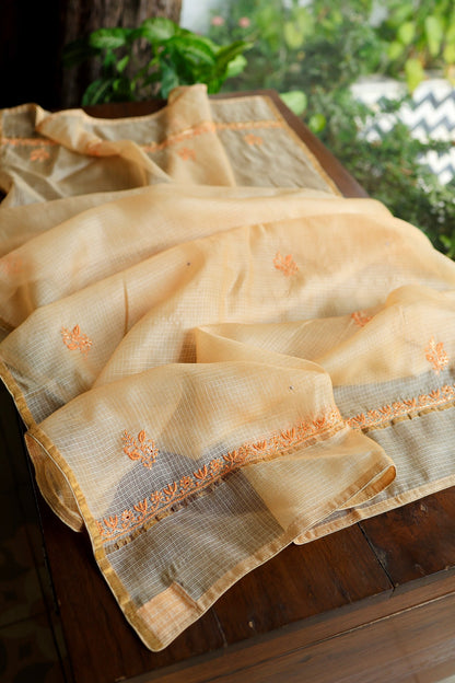 Dark Peach Rasm Kota Tussar Chikankari Unstitched Chikankari Fabric