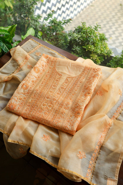 Dark Peach Rasm Kota Tussar Chikankari Unstitched Chikankari Fabric