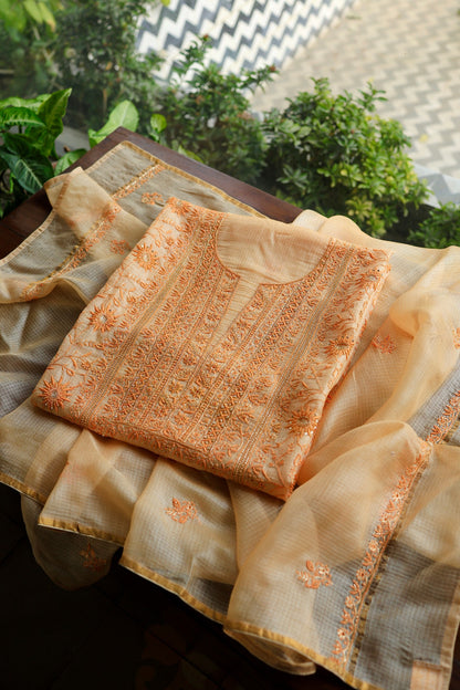 Dark Peach Rasm Kota Tussar Chikankari Unstitched Chikankari Fabric
