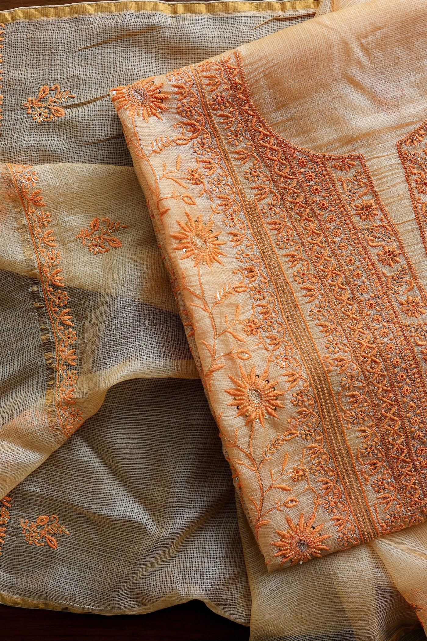 Dark Peach Rasm Kota Tussar Chikankari Unstitched Chikankari Fabric