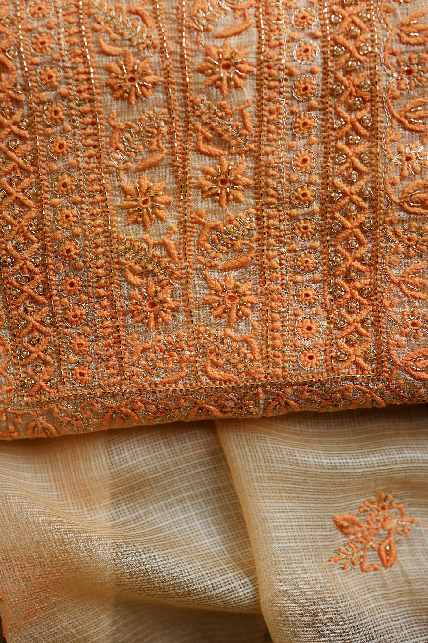 Dark Peach Rasm Kota Tussar Chikankari Unstitched Chikankari Fabric