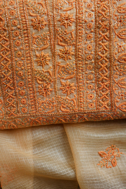 Dark Peach Rasm Kota Tussar Chikankari Unstitched Chikankari Fabric