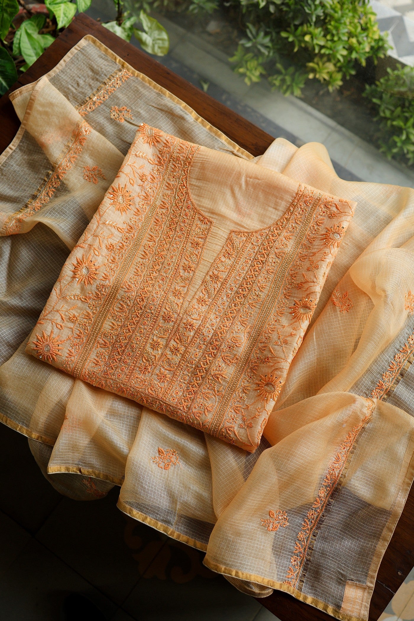 Dark Peach Rasm Kota Tussar Chikankari Unstitched Chikankari Fabric
