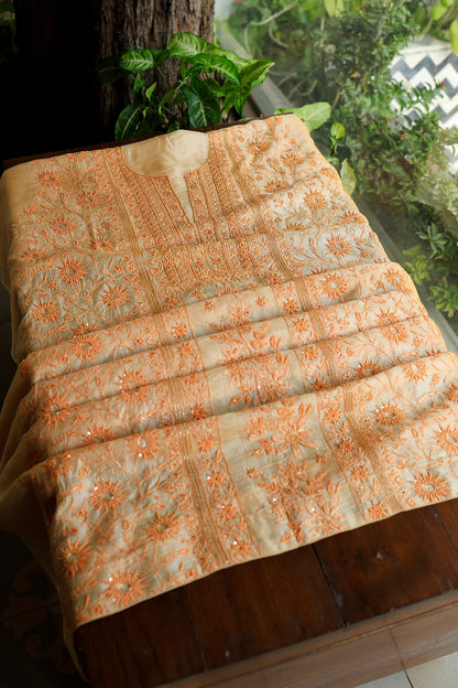 Dark Peach Rasm Kota Tussar Chikankari Unstitched Chikankari Fabric