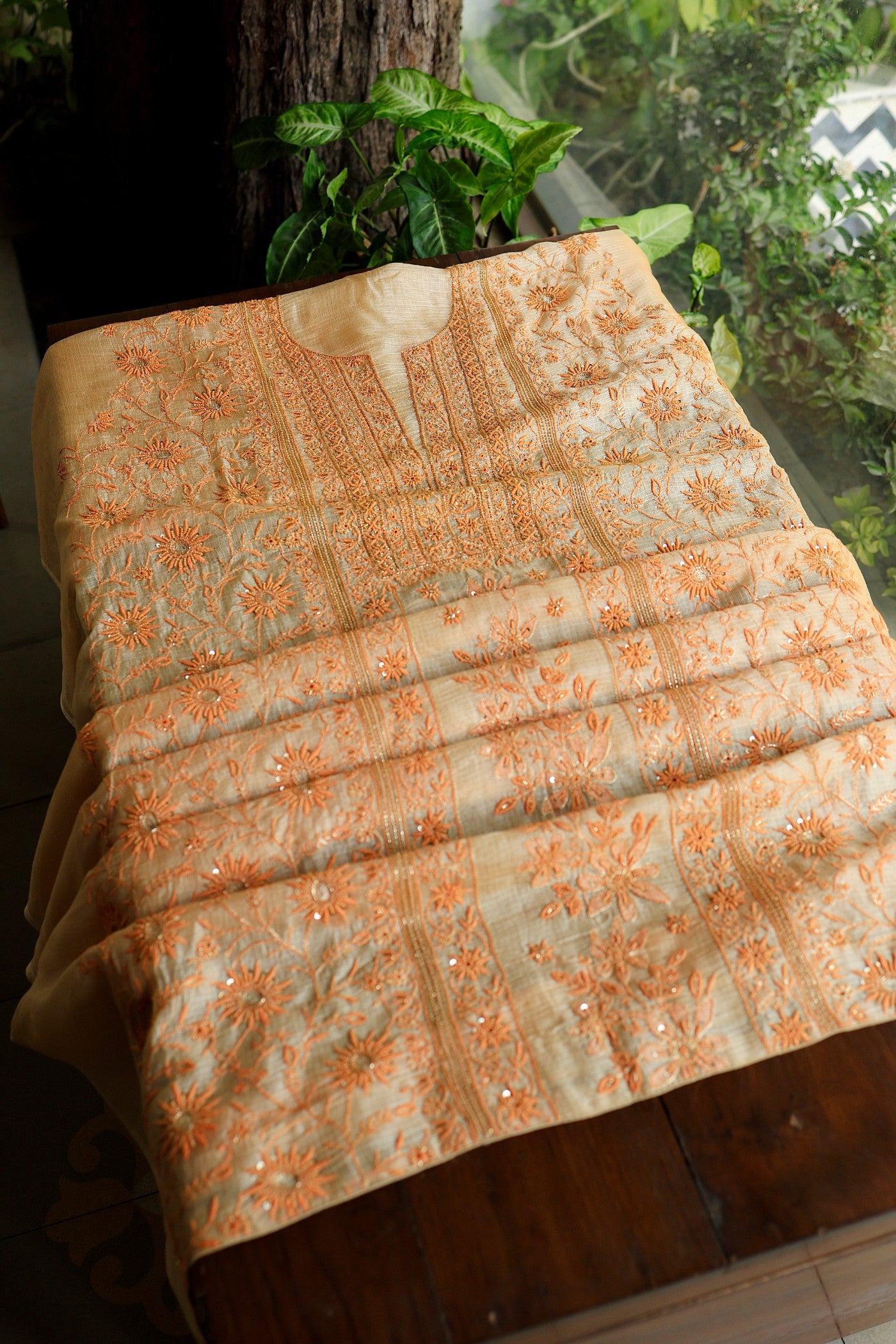 Dark Peach Rasm Kota Tussar Chikankari Unstitched Chikankari Fabric
