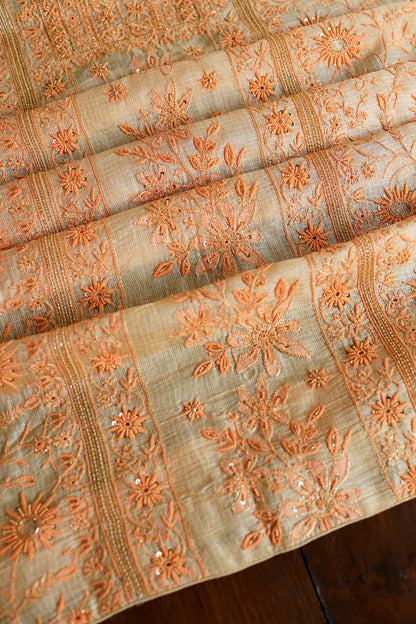 Dark Peach Rasm Kota Tussar Chikankari Unstitched Chikankari Fabric