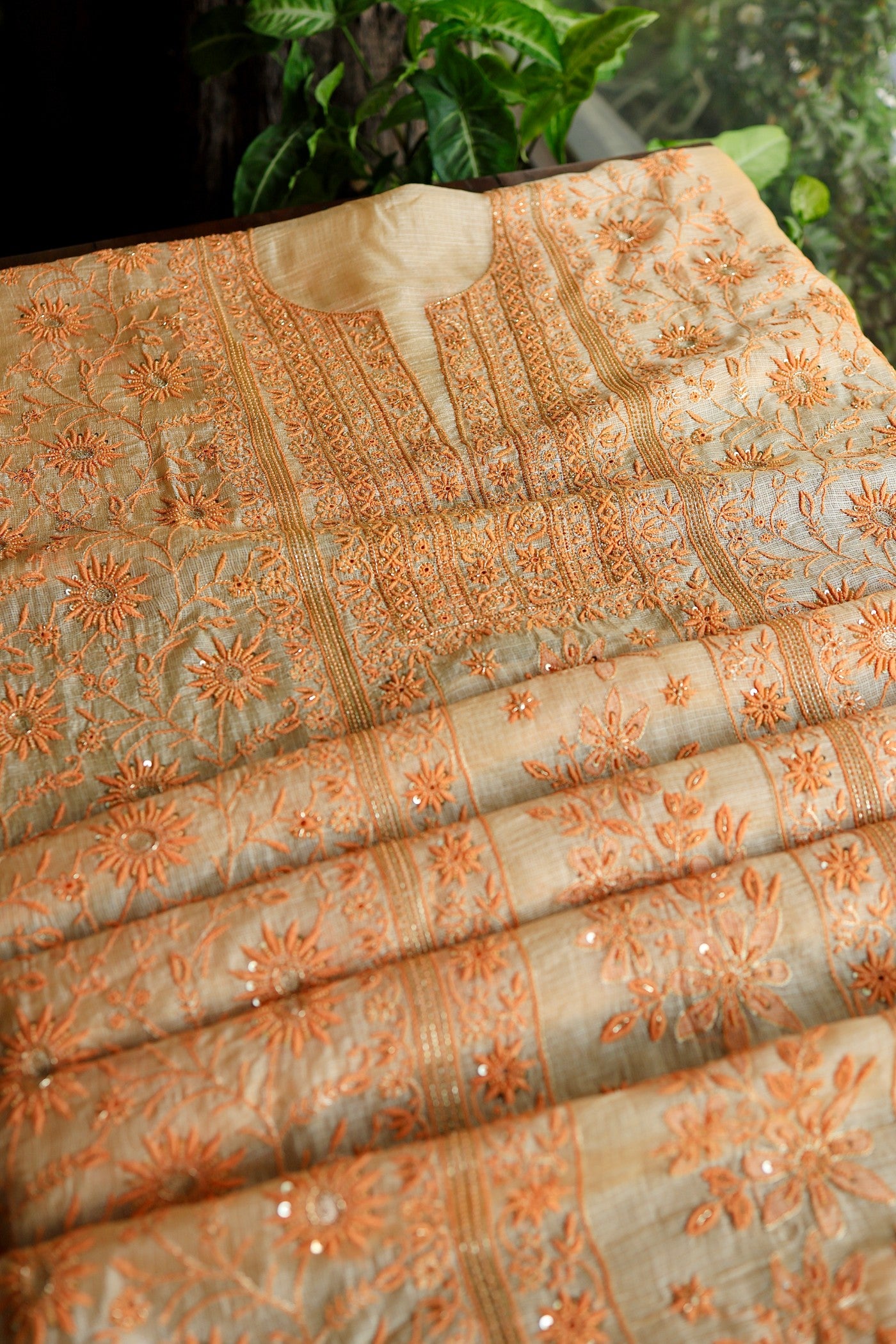 Dark Peach Rasm Kota Tussar Chikankari Unstitched Chikankari Fabric
