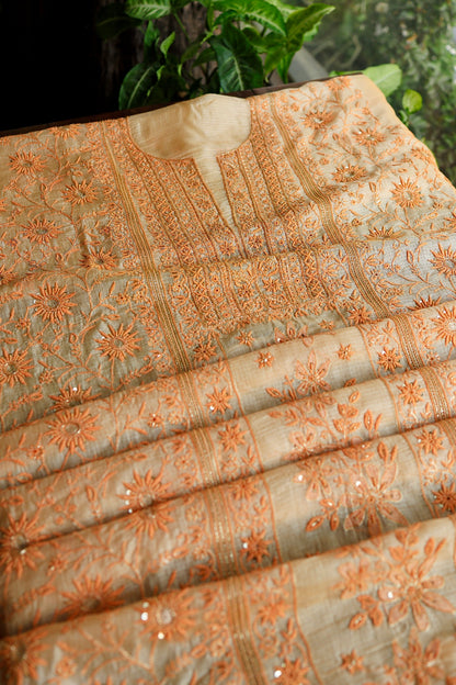 Dark Peach Rasm Kota Tussar Chikankari Unstitched Chikankari Fabric