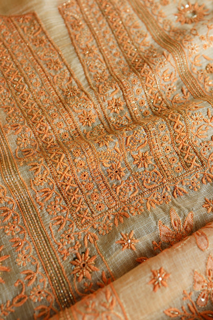 Dark Peach Rasm Kota Tussar Chikankari Unstitched Chikankari Fabric