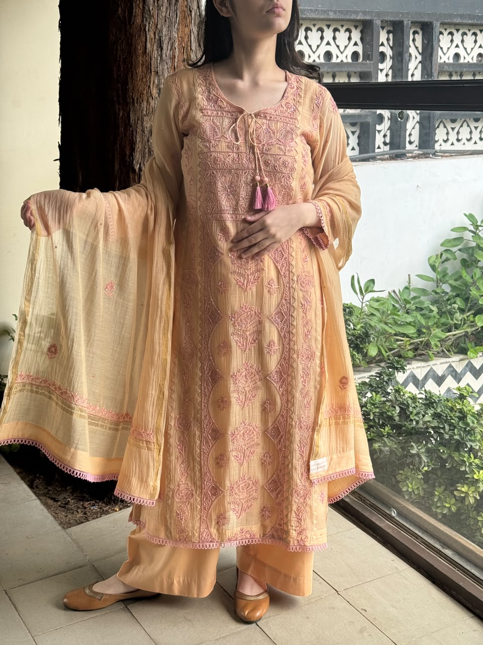 Dark Peach & Pink Malmal Mukaish Kamdani Chikankari Ready to Wear