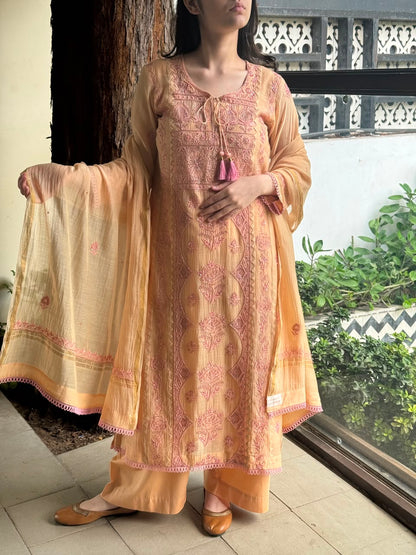 Dark Peach & Pink Malmal Mukaish Kamdani Chikankari Ready to Wear