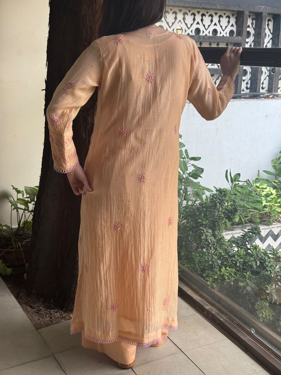 Dark Peach & Pink Malmal Mukaish Kamdani Chikankari Ready to Wear
