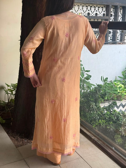 Dark Peach & Pink Malmal Mukaish Kamdani Chikankari Ready to Wear
