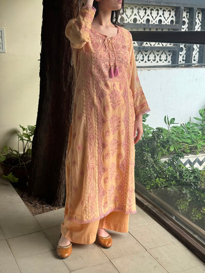 Dark Peach & Pink Malmal Mukaish Kamdani Chikankari Ready to Wear