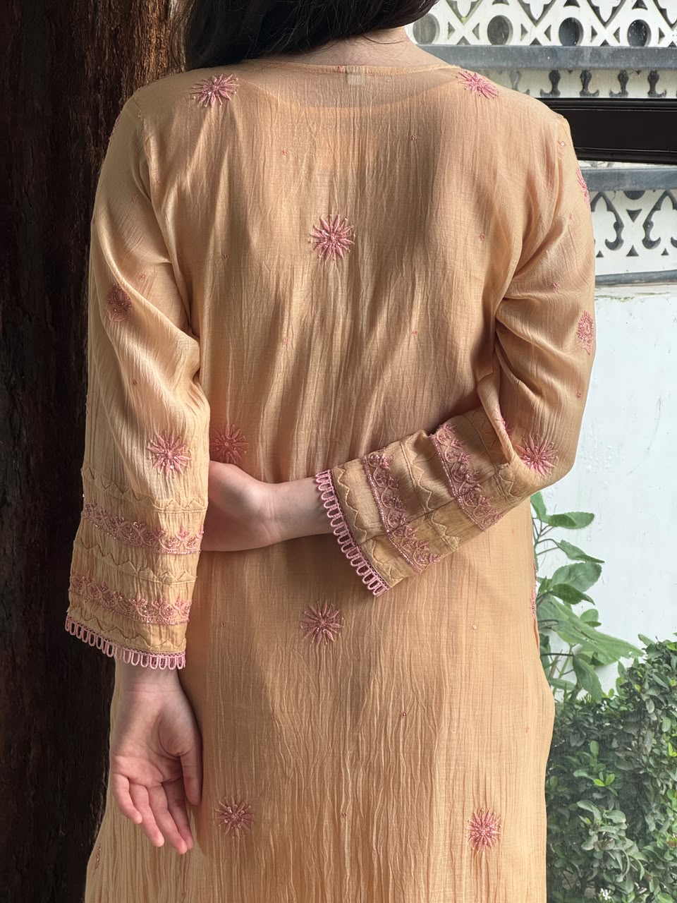 Dark Peach & Pink Malmal Mukaish Kamdani Chikankari Ready to Wear