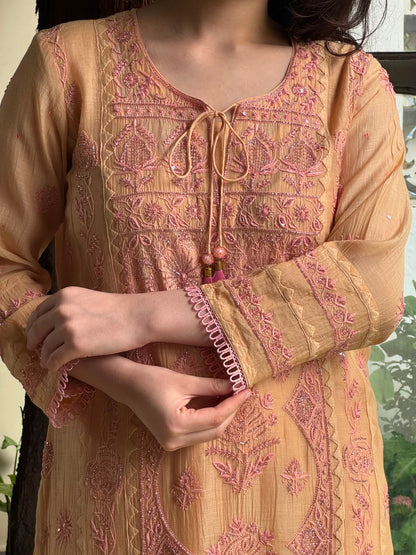 Dark Peach & Pink Malmal Mukaish Kamdani Chikankari Ready to Wear