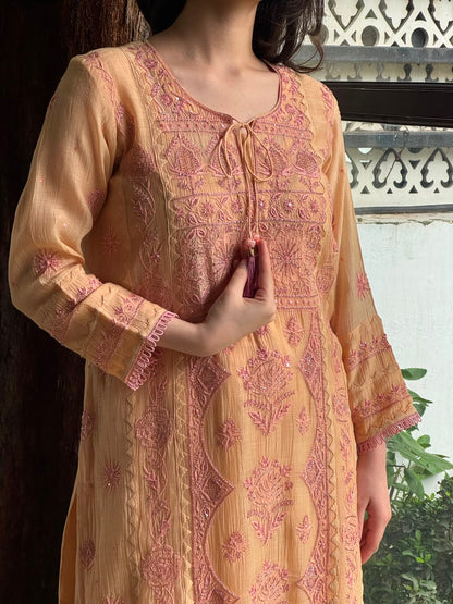 Dark Peach & Pink Malmal Mukaish Kamdani Chikankari Ready to Wear
