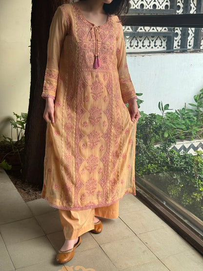 Dark Peach & Pink Malmal Mukaish Kamdani Chikankari Ready to Wear