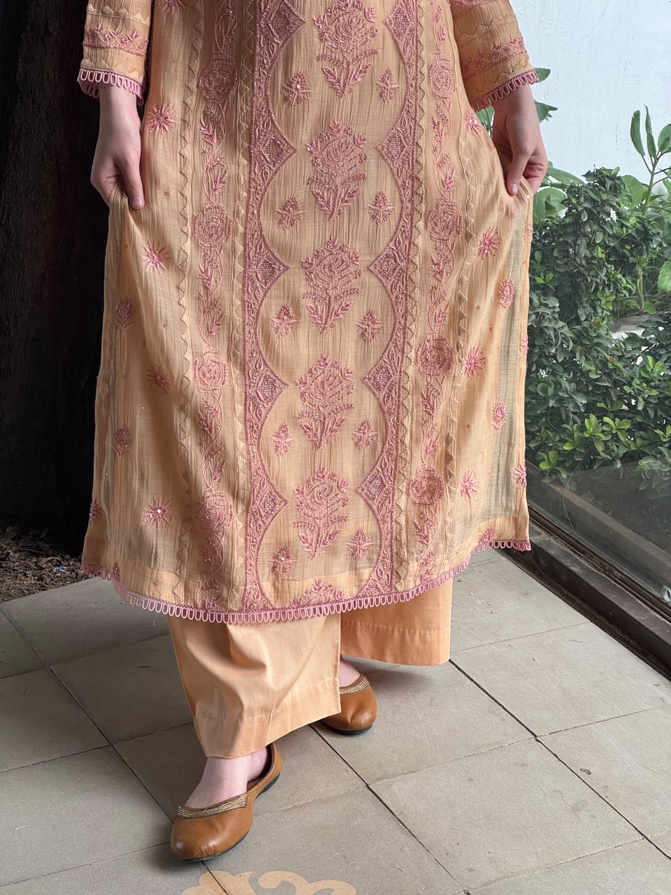 Dark Peach & Pink Malmal Mukaish Kamdani Chikankari Ready to Wear