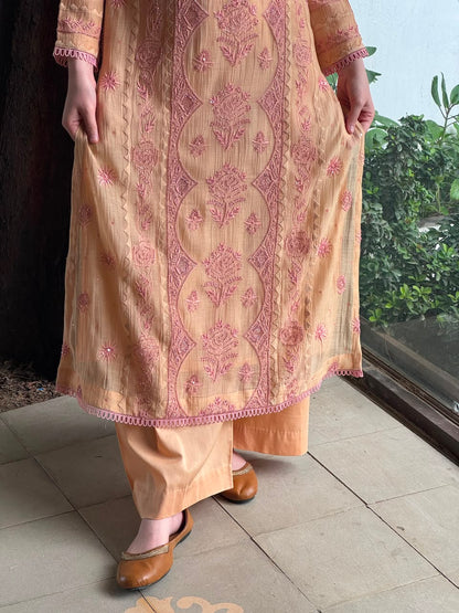 Dark Peach & Pink Malmal Mukaish Kamdani Chikankari Ready to Wear