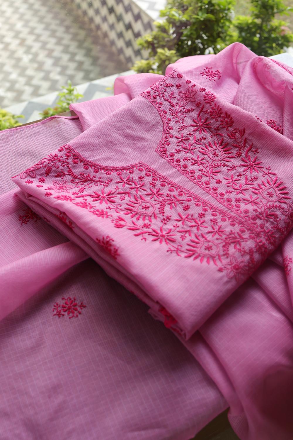 Dark Pink Kota Chikankari Unstitched Fabric