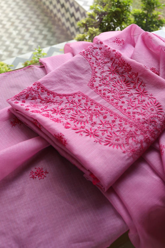 Dark Pink Kota Chikankari Unstitched Fabric