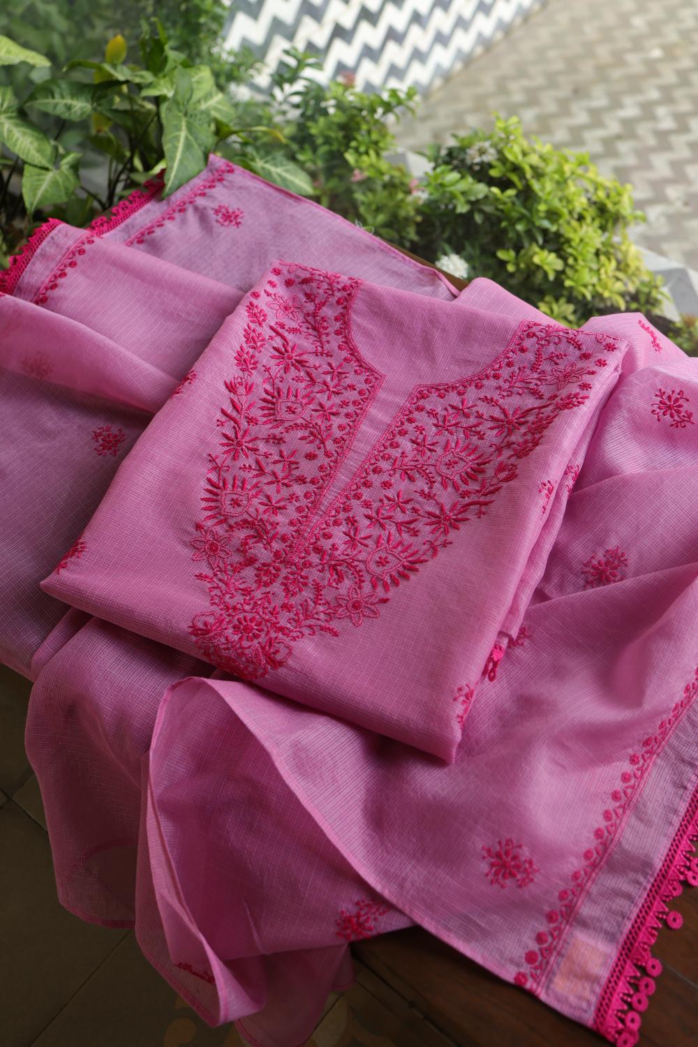 Dark Pink Kota Chikankari Unstitched Fabric