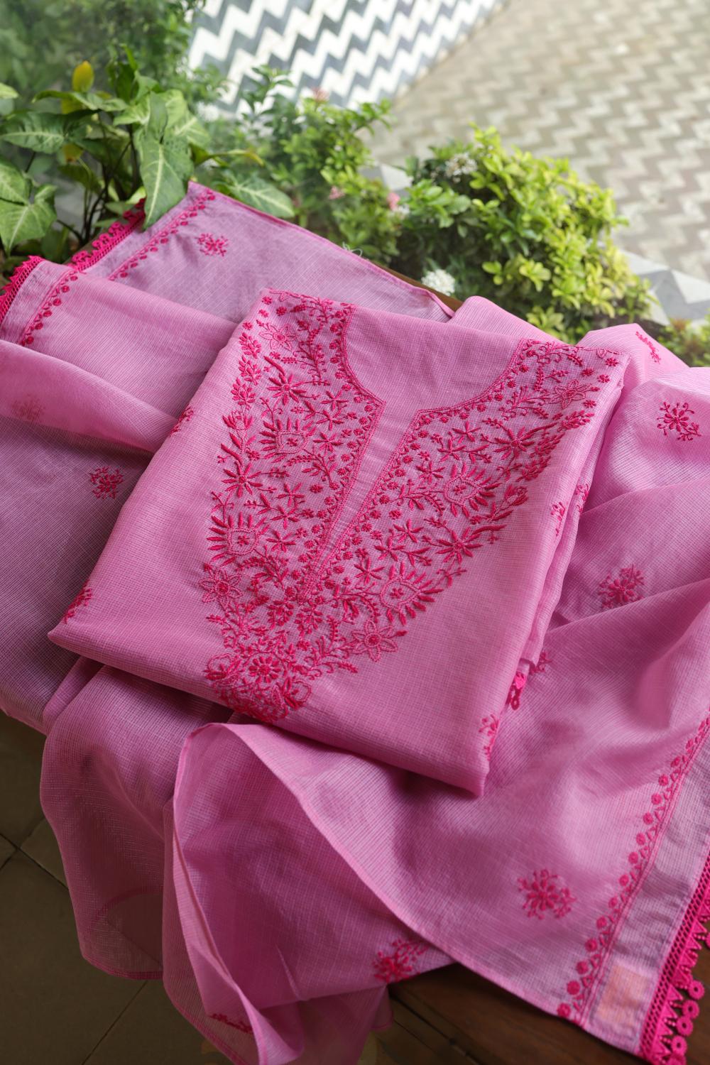 Dark Pink Kota Chikankari Unstitched Fabric
