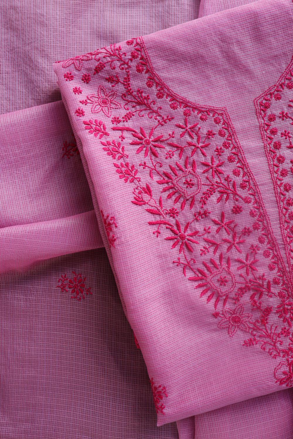 Dark Pink Kota Chikankari Unstitched Fabric