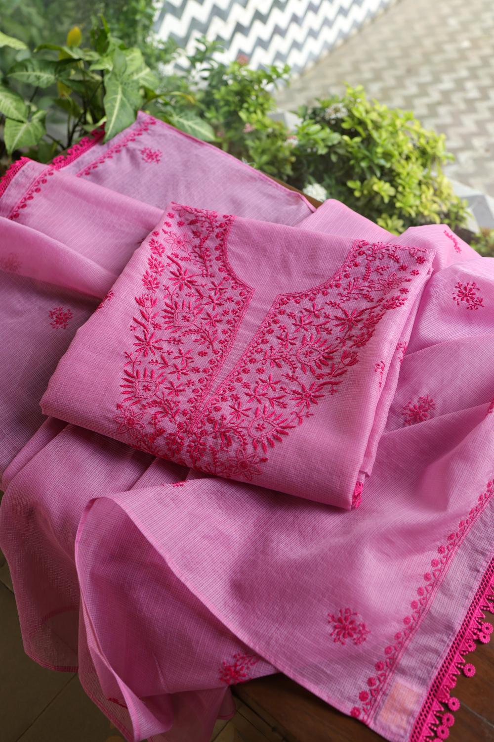 Dark Pink Kota Chikankari Unstitched Fabric