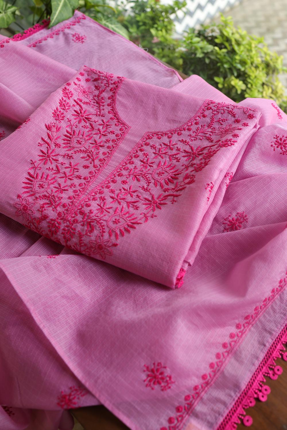 Dark Pink Kota Chikankari Unstitched Fabric