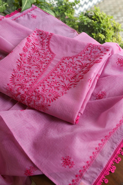 Dark Pink Kota Chikankari Unstitched Fabric