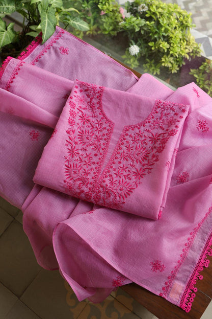 Dark Pink Kota Chikankari Unstitched Fabric