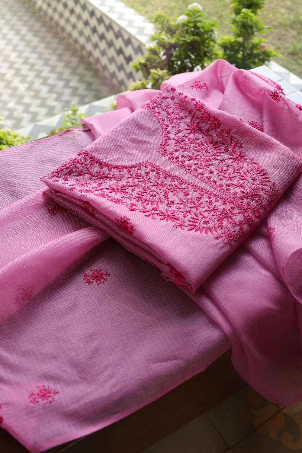 Dark Pink Kota Chikankari Unstitched Fabric