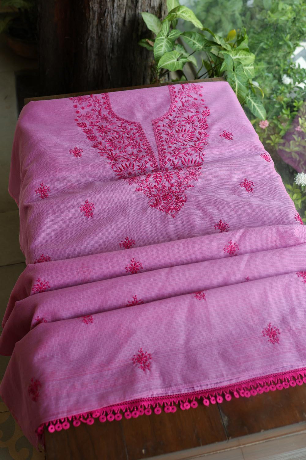 Dark Pink Kota Chikankari Unstitched Fabric