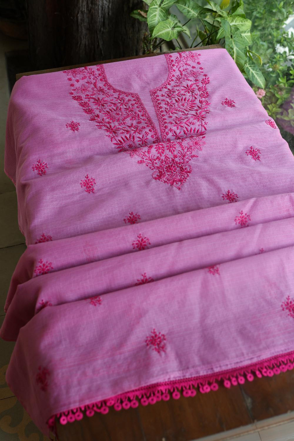 Dark Pink Kota Chikankari Unstitched Fabric