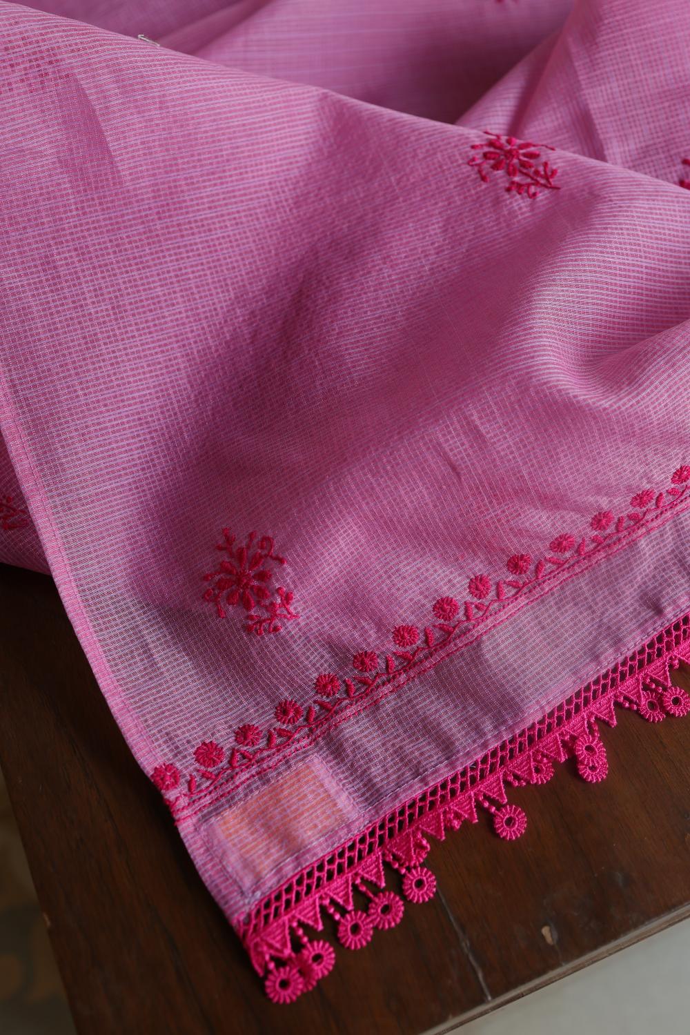 Dark Pink Kota Chikankari Unstitched Fabric