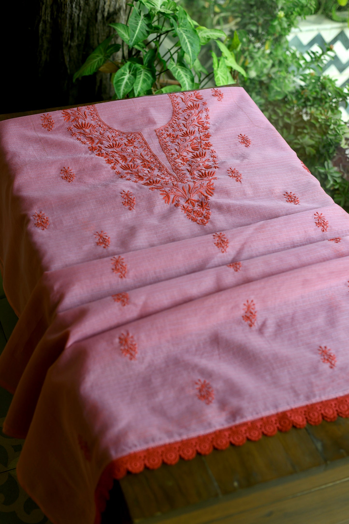 Dark Pink Kota Chikankari Unstitched Fabrics