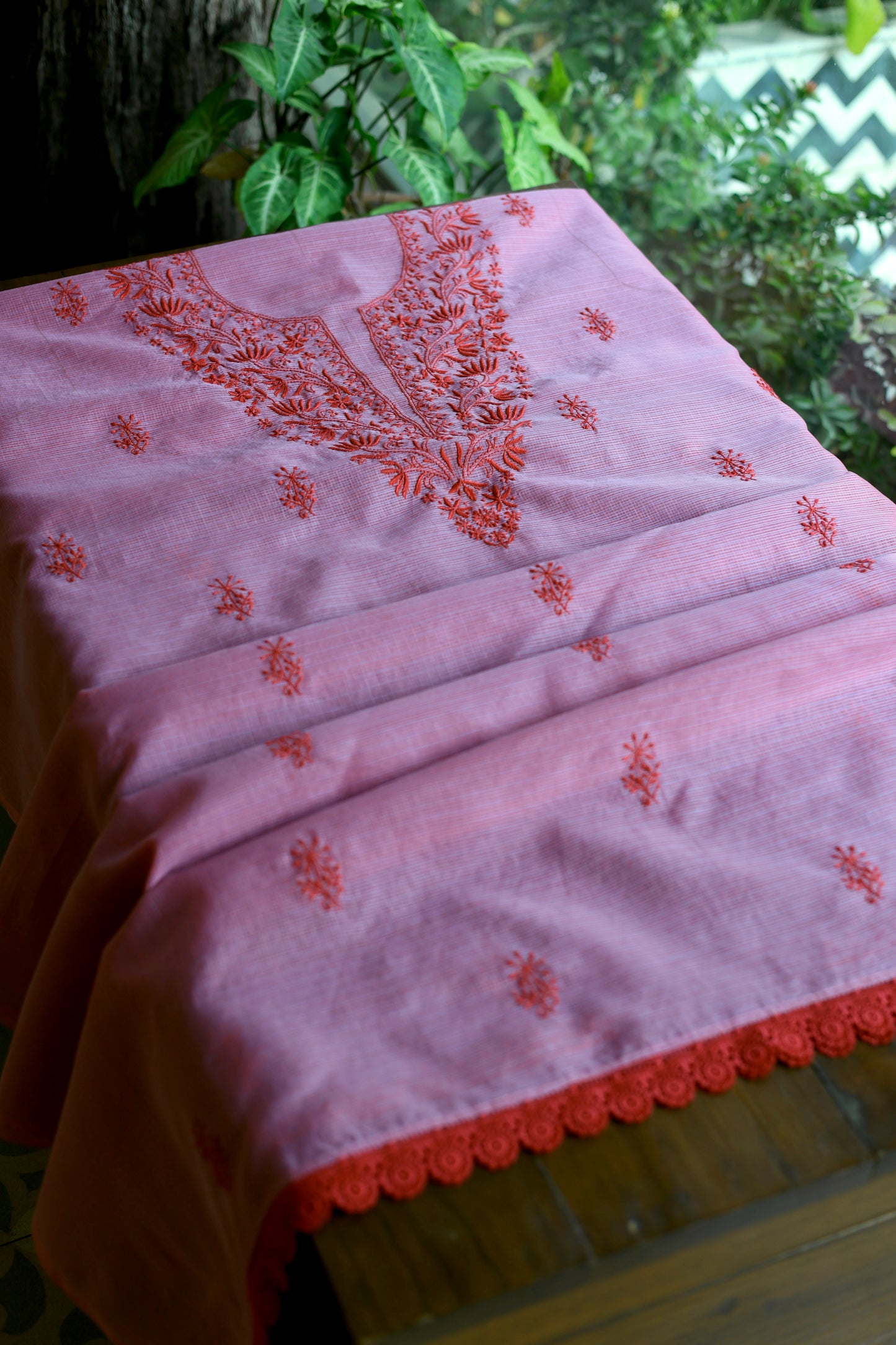 Dark Pink Kota Chikankari Unstitched Fabrics
