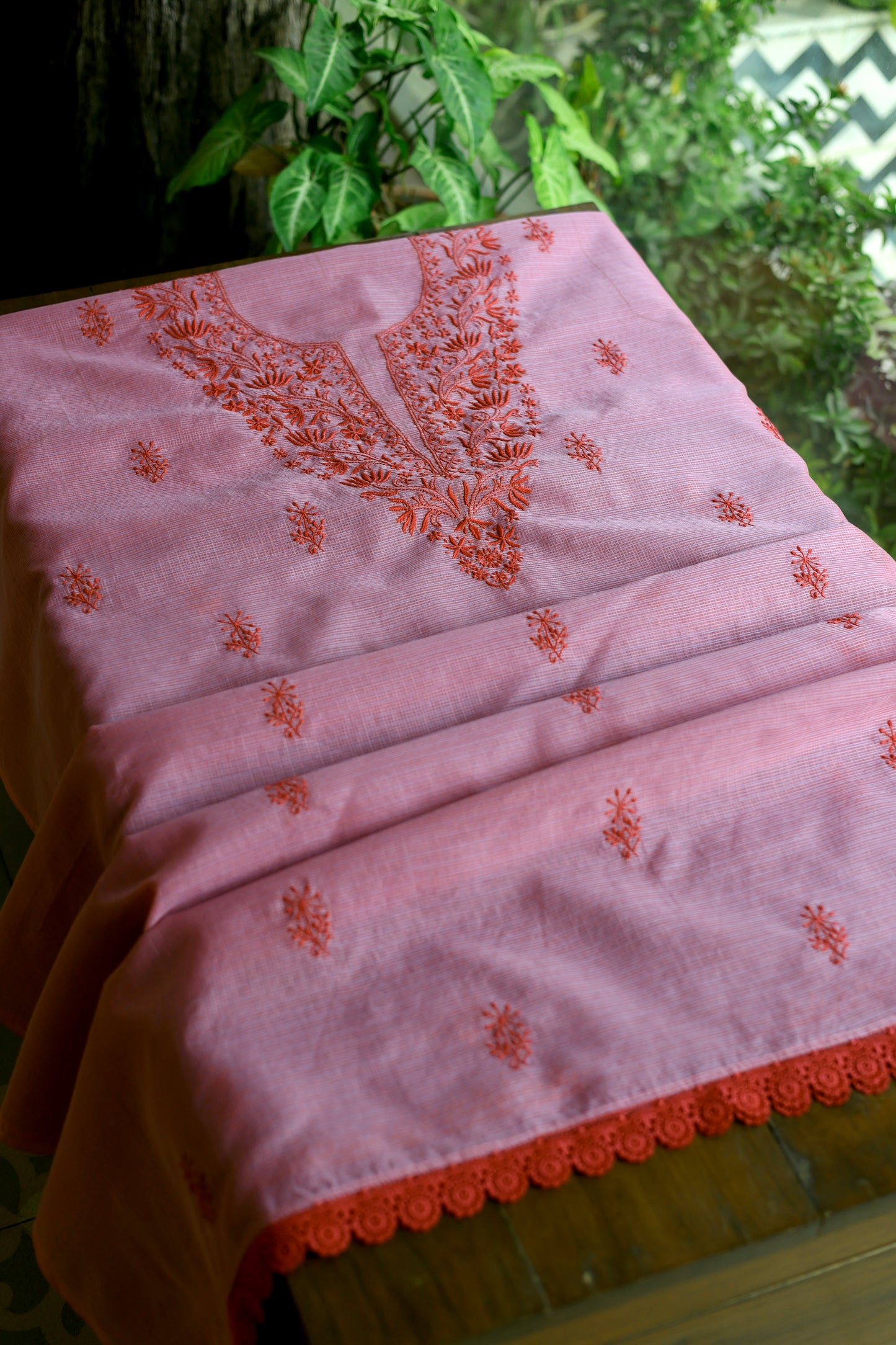 Dark Pink Kota Chikankari Unstitched Fabrics