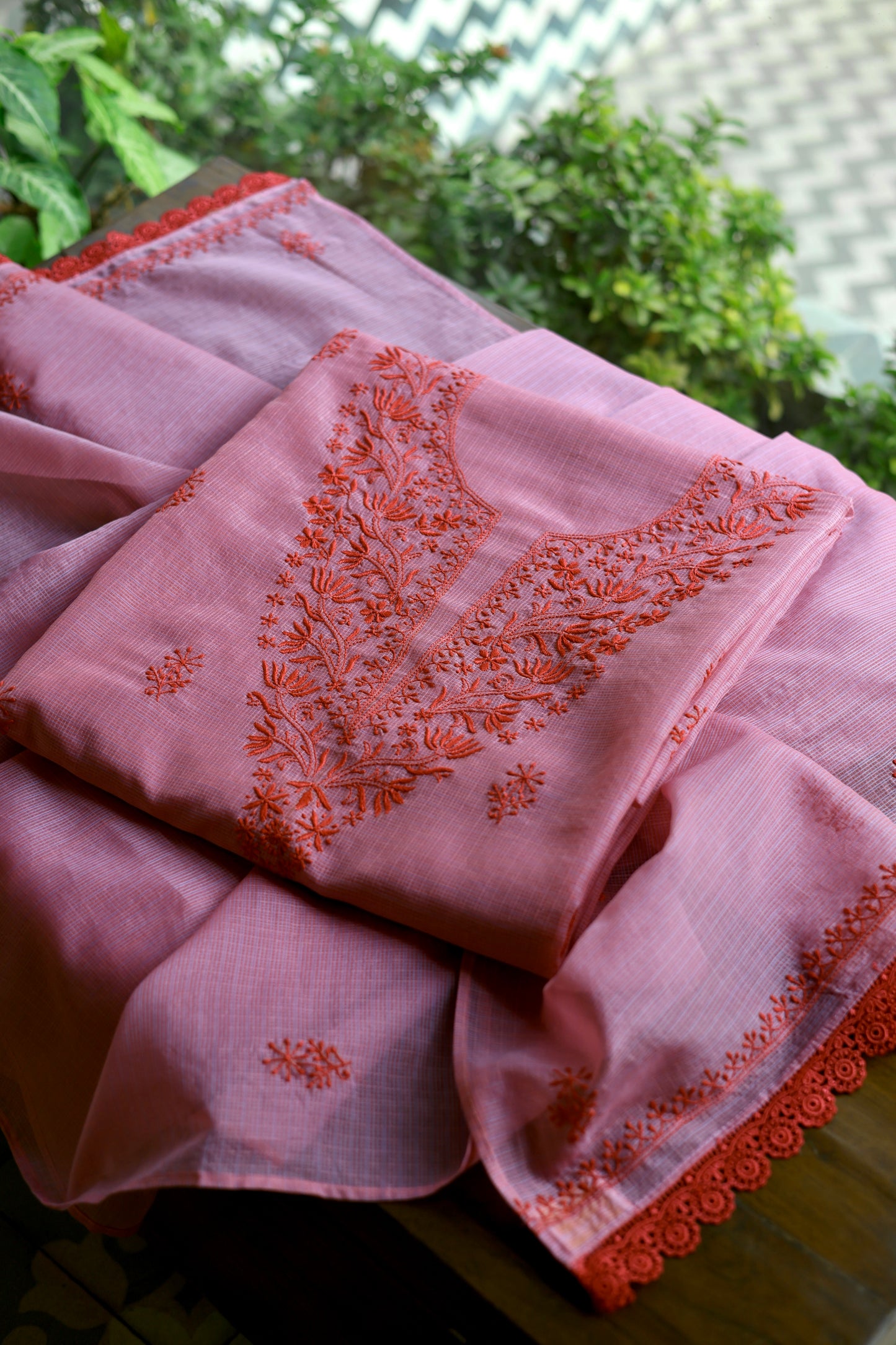 Dark Pink Kota Chikankari Unstitched Fabrics