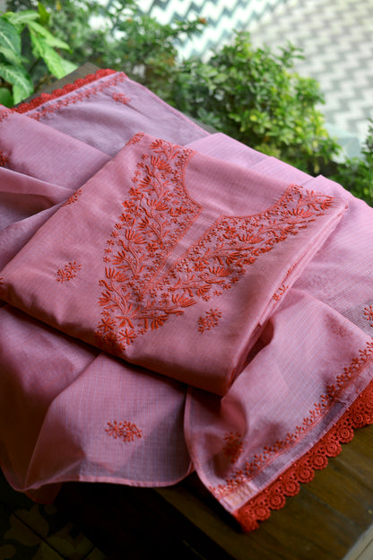 Dark Pink Kota Chikankari Unstitched Fabrics