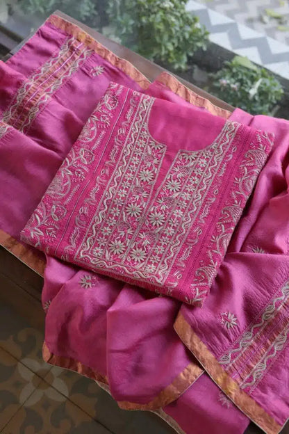 Dark Pink Moonga Silk Chikankari Unstitched Fabric