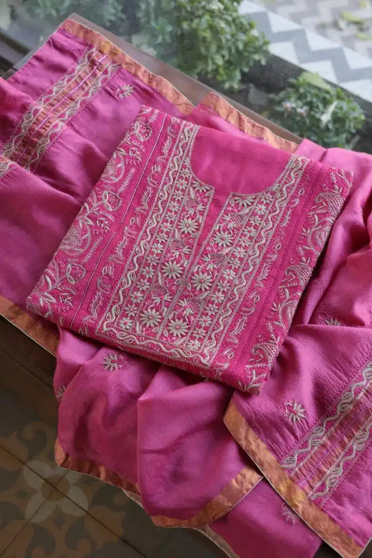 Dark Pink Moonga Silk Chikankari Unstitched Fabric