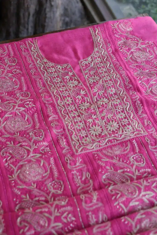 Dark Pink Moonga Silk Chikankari Unstitched Fabric