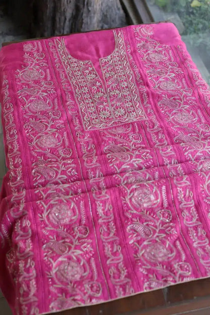 Dark Pink Moonga Silk Chikankari Unstitched Fabric